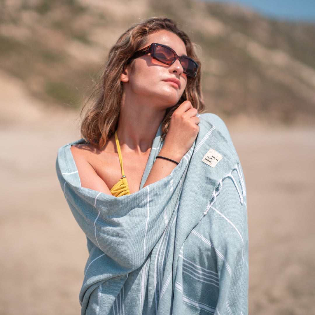 Bodrum Interiors Turkish beach towel is oversized and super absorbent, ideal to wrap yourself in after an ocean dip